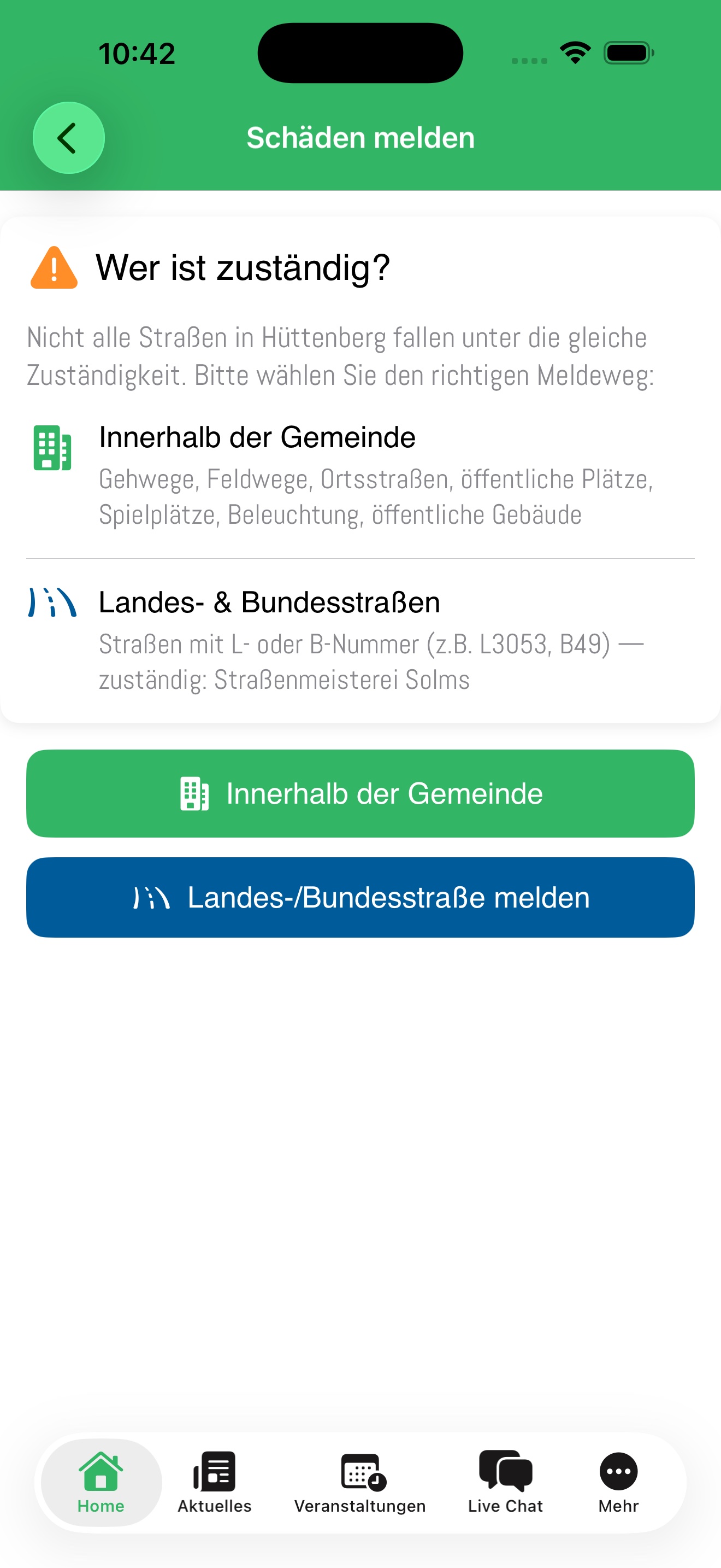 Schäden melden – Auswahl